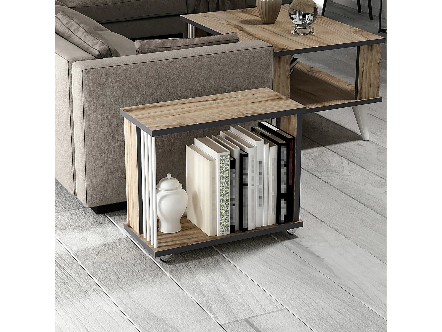 Table d'appoint rectangulaire Haarby à roulettes effet chêne / anthracite / blanc [en.casa]