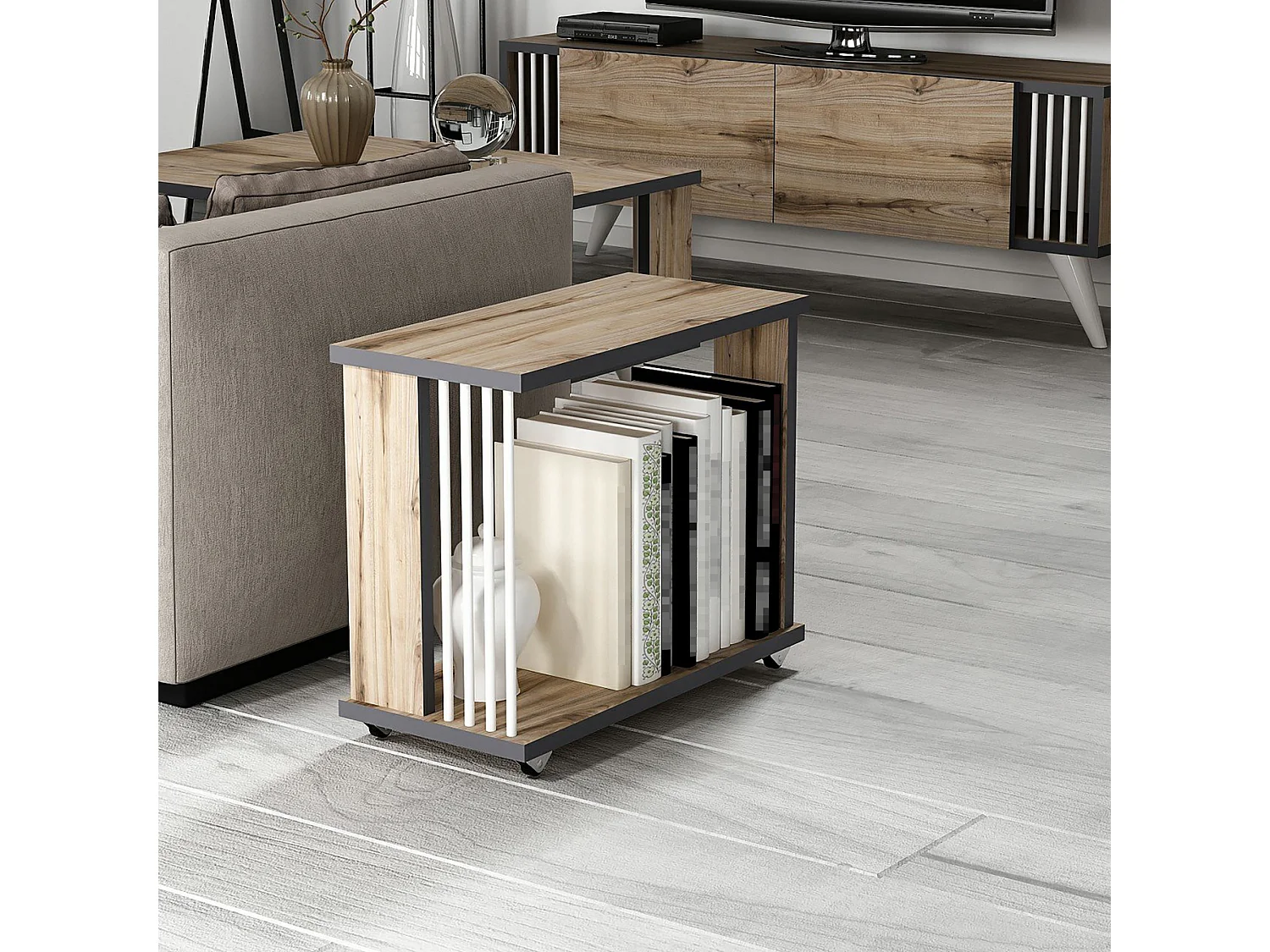 Table d'appoint rectangulaire Haarby à roulettes effet chêne / anthracite / blanc [en.casa]