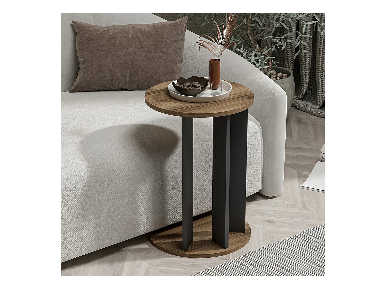 Table d'appoint Frederiksberg ronde effet noyer / anthracite [en.casa]