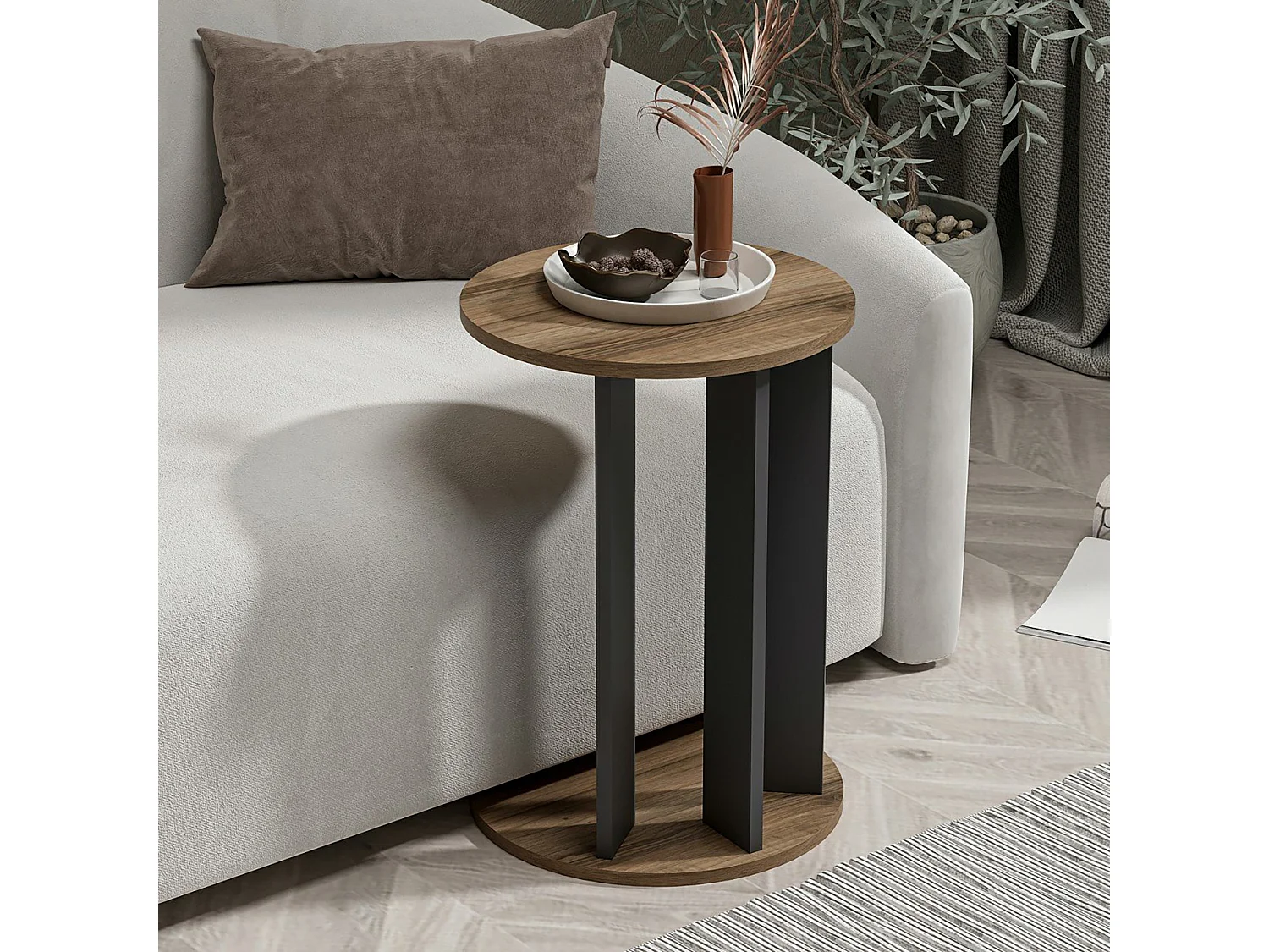 Table d'appoint Frederiksberg ronde effet noyer / anthracite [en.casa]
