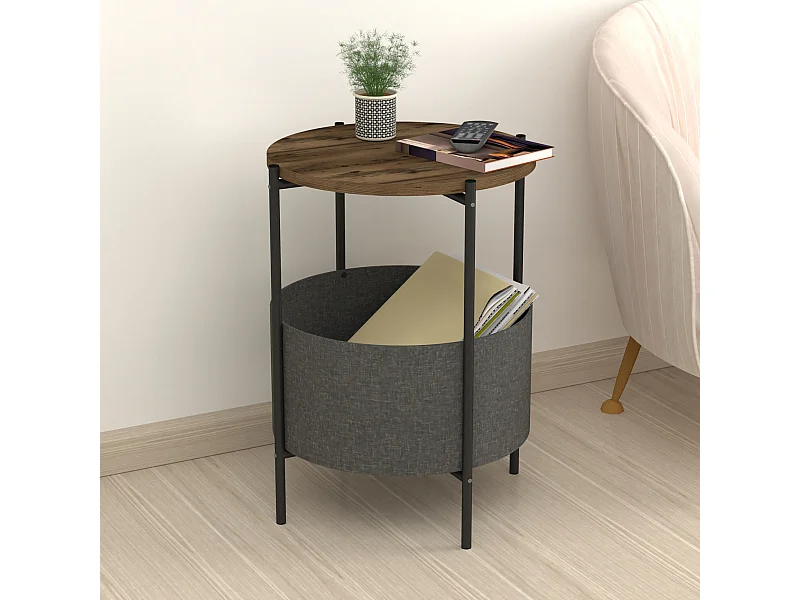 Table d'appoint ronde Hofors avec panier de rangement 60 x 43 cm effet chêne patiné / gris [en.casa]