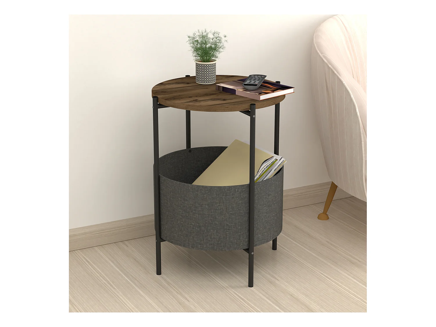 Table d'appoint ronde Hofors avec panier de rangement 60 x 43 cm effet chêne patiné / gris [en.casa]