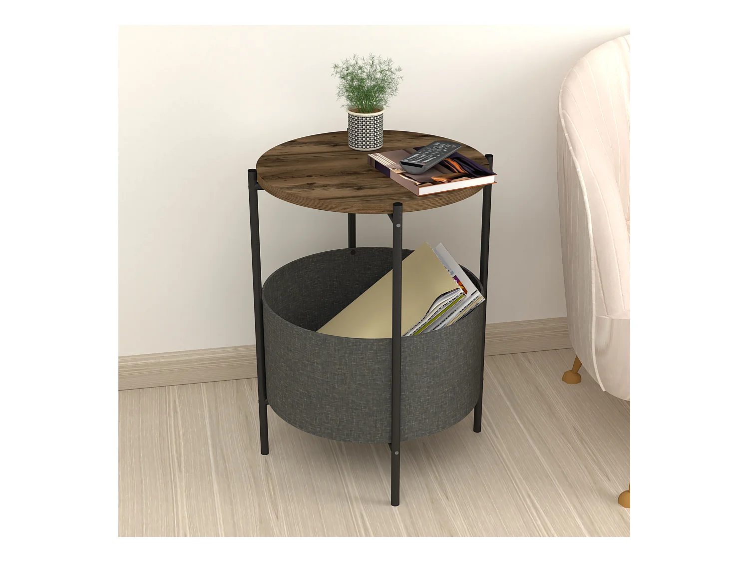 Table d'appoint ronde Hofors avec panier de rangement 60 x 43 cm effet chêne patiné / gris [en.casa]