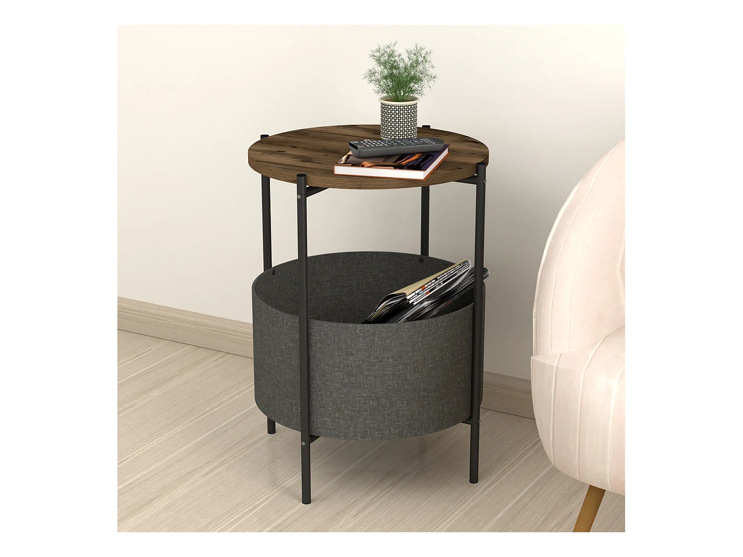 Table d'appoint ronde Hofors avec panier de rangement 60 x 43 cm effet chêne patiné / gris [en.casa]