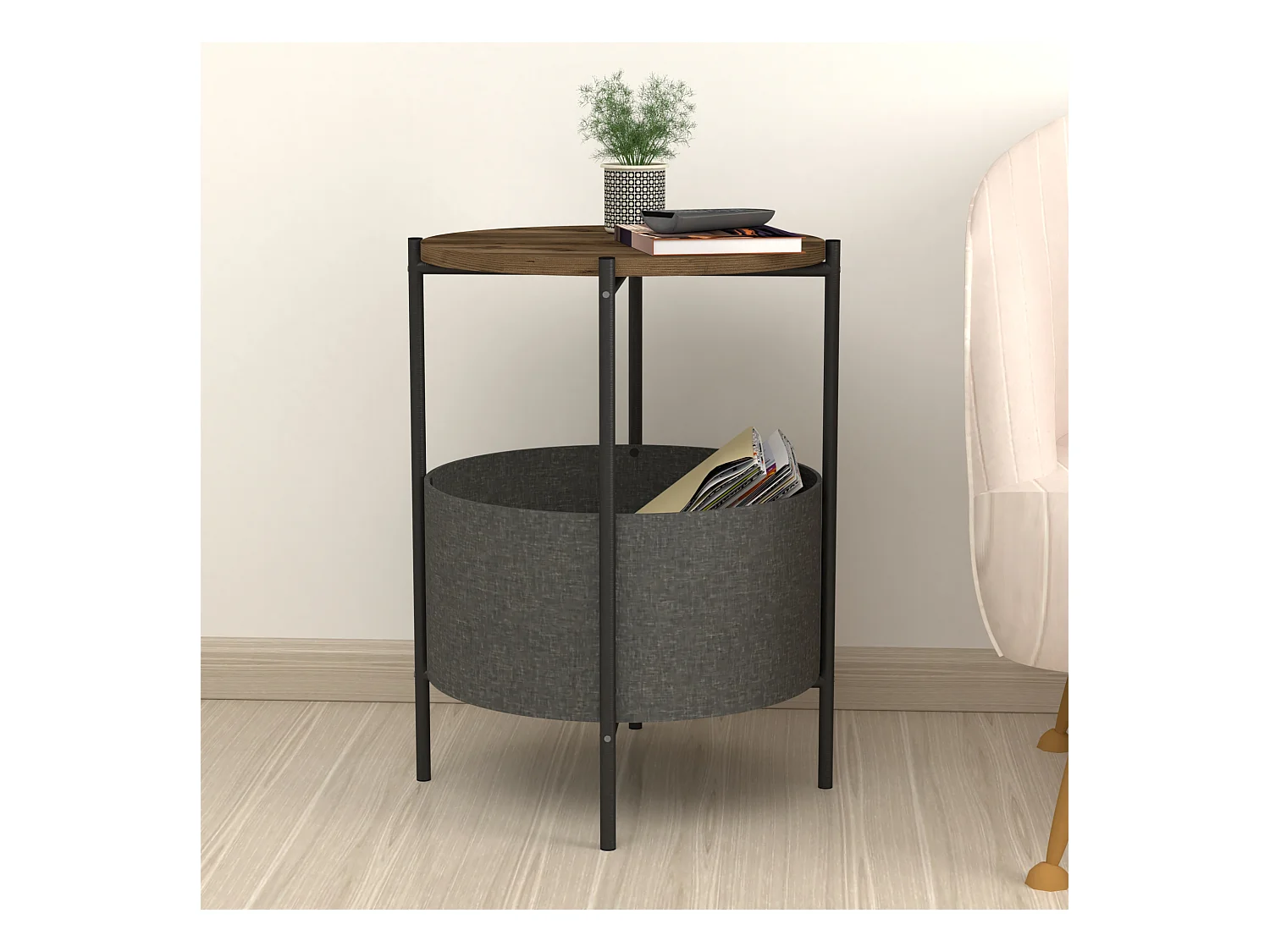 Table d'appoint ronde Hofors avec panier de rangement 60 x 43 cm effet chêne patiné / gris [en.casa]