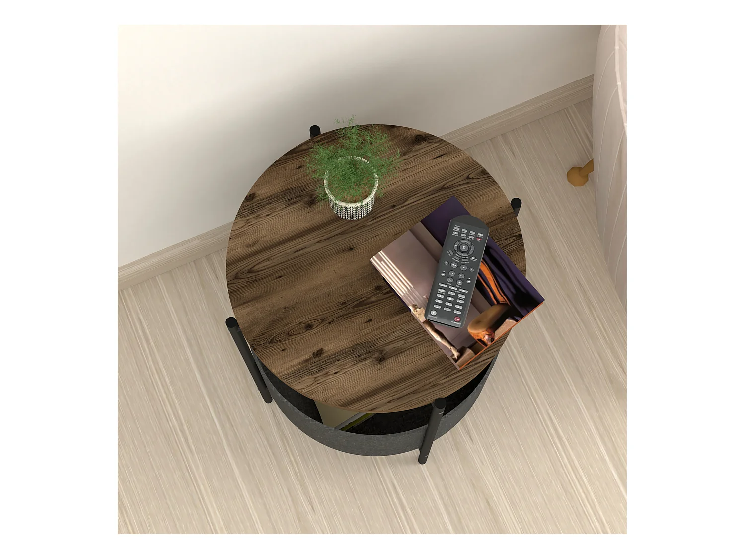 Table d'appoint ronde Hofors avec panier de rangement 60 x 43 cm effet chêne patiné / gris [en.casa]