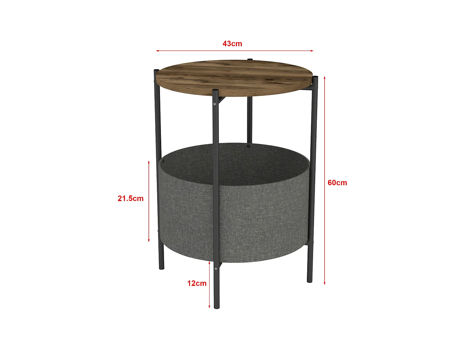 Table d'appoint ronde Hofors avec panier de rangement 60 x 43 cm effet chêne patiné / gris [en.casa]