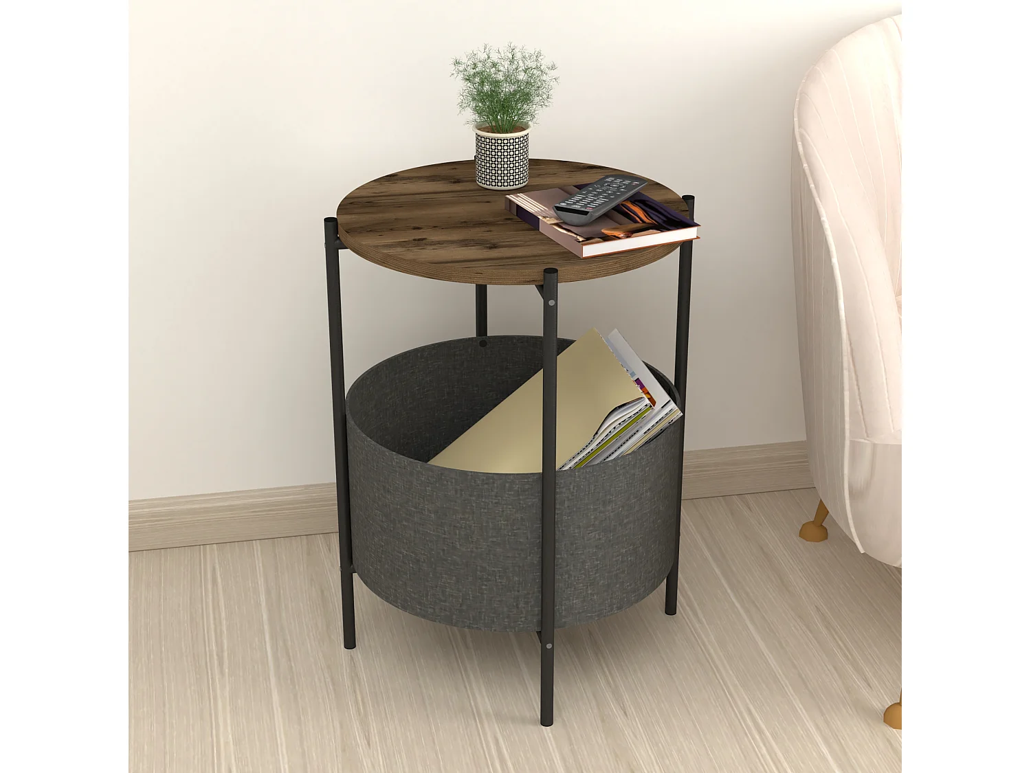 Table d'appoint ronde Hofors avec panier de rangement 60 x 43 cm effet chêne patiné / gris [en.casa]