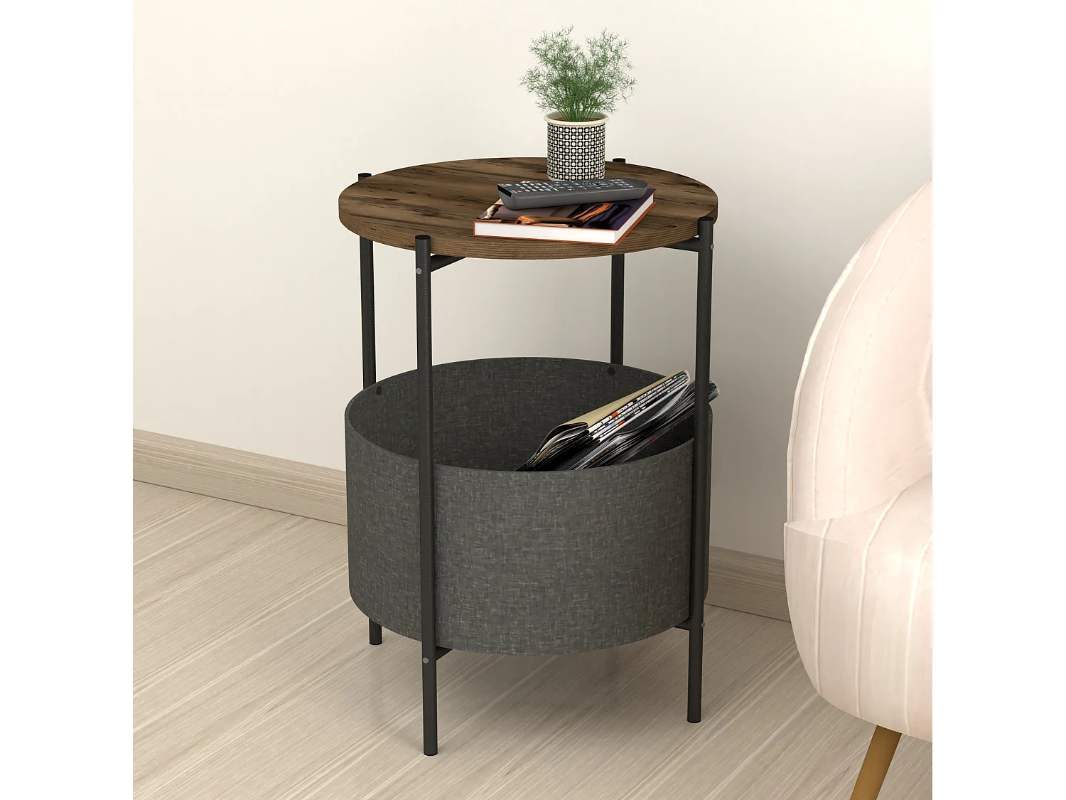 Table d'appoint ronde Hofors avec panier de rangement 60 x 43 cm effet chêne patiné / gris [en.casa]