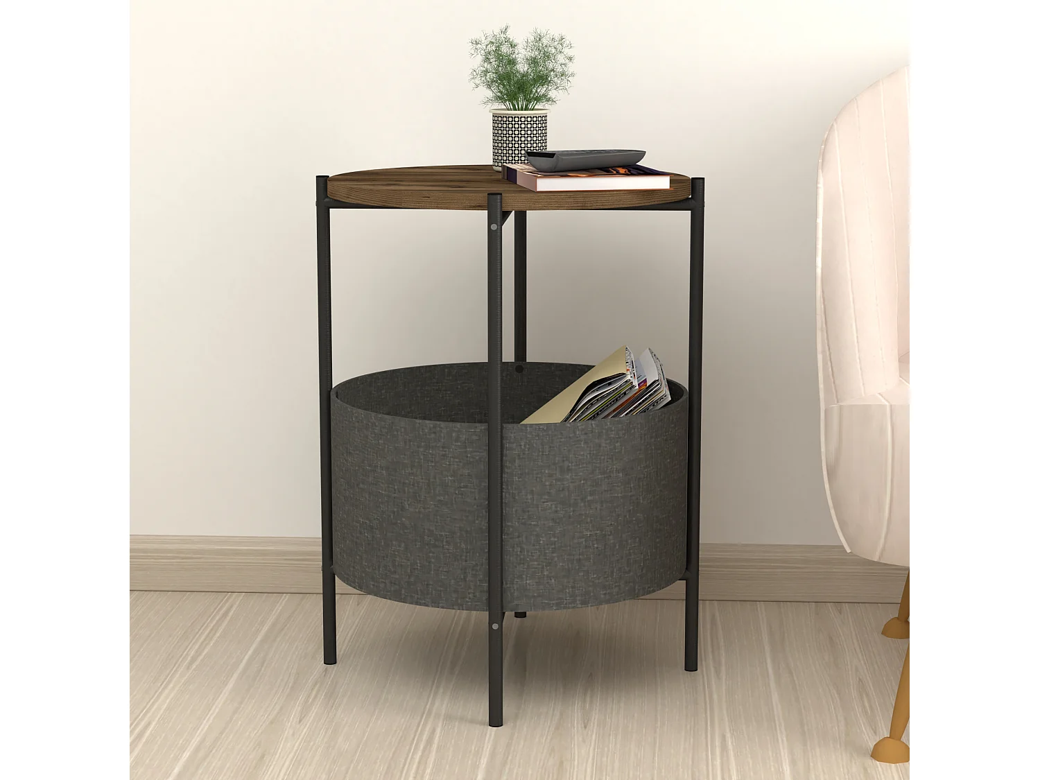 Table d'appoint ronde Hofors avec panier de rangement 60 x 43 cm effet chêne patiné / gris [en.casa]