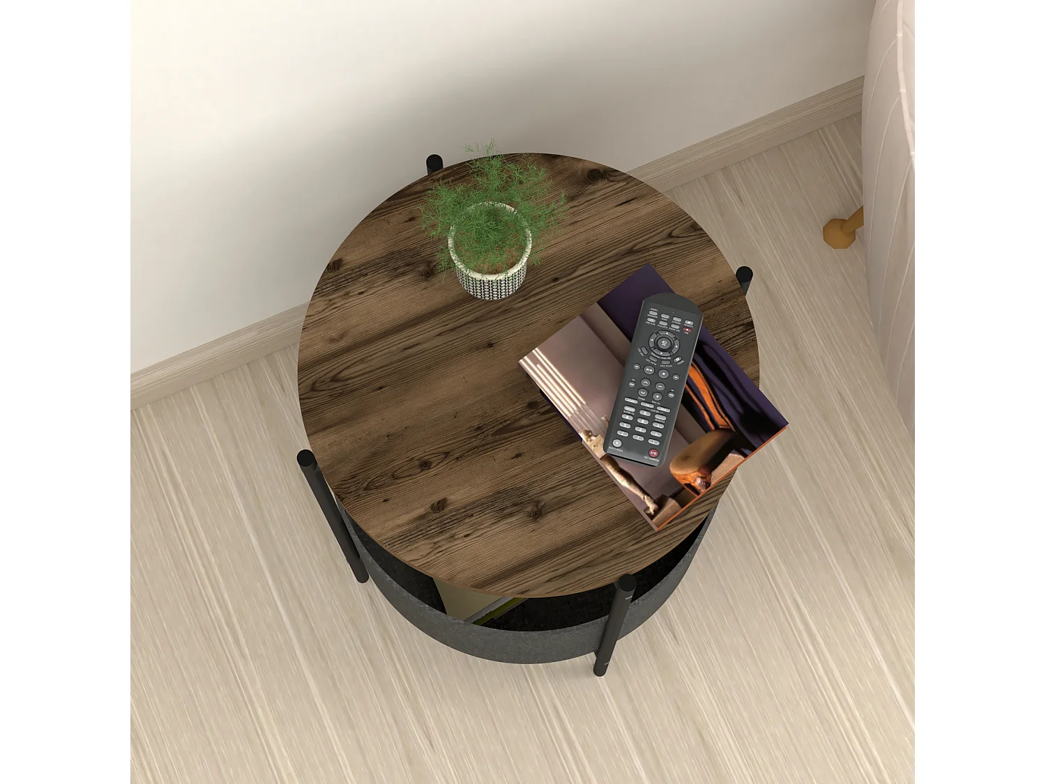 Table d'appoint ronde Hofors avec panier de rangement 60 x 43 cm effet chêne patiné / gris [en.casa]