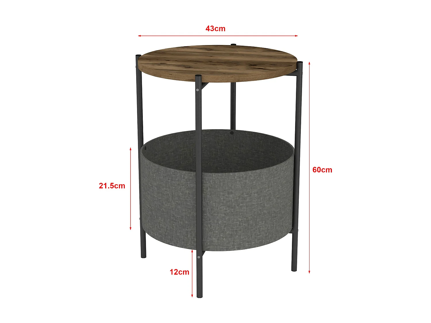 Table d'appoint ronde Hofors avec panier de rangement 60 x 43 cm effet chêne patiné / gris [en.casa]