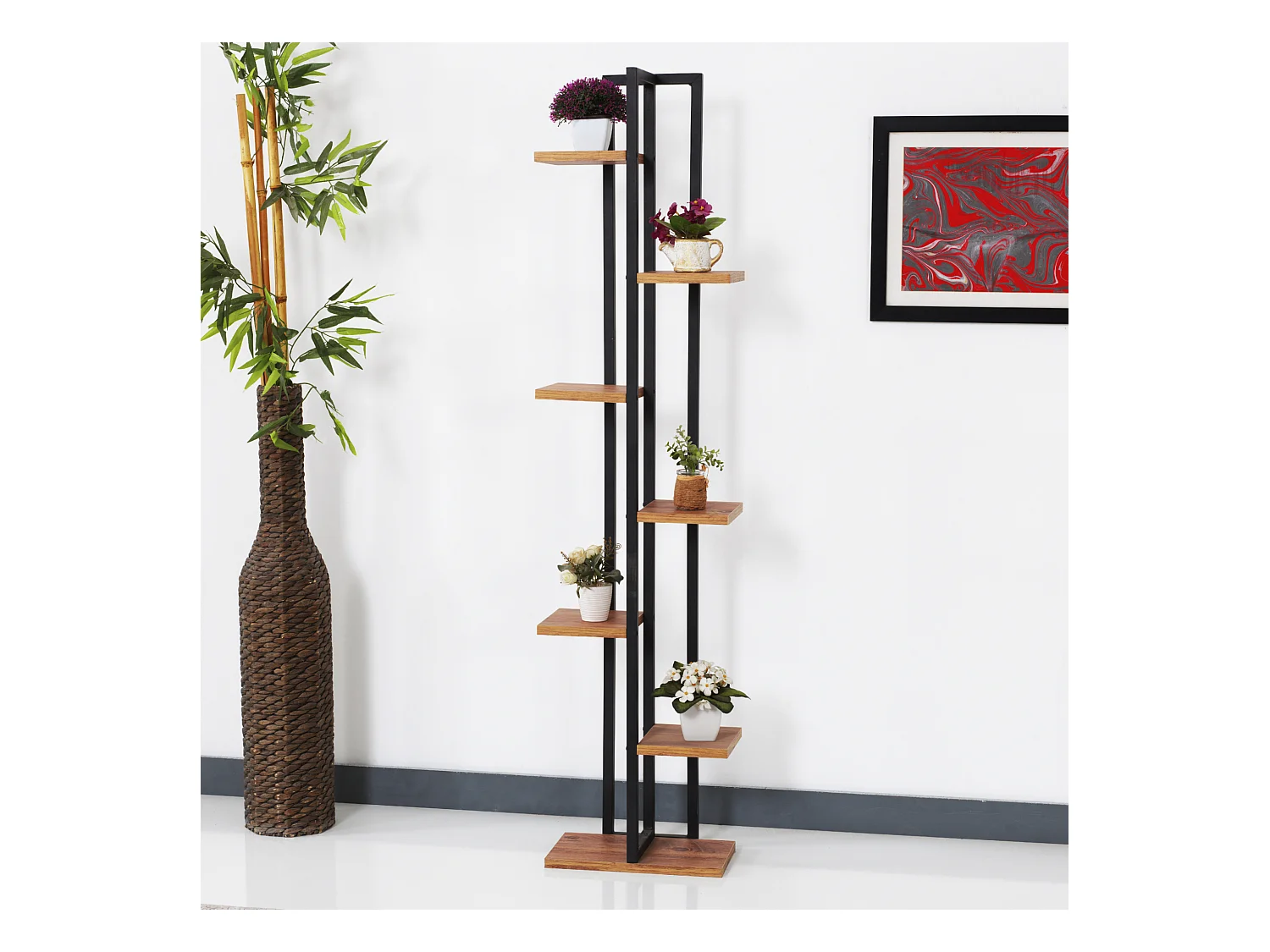 Support de plantes Somero à 6 niveaux 150 x 34 x 21 cm effet noyer / noir [en.casa]