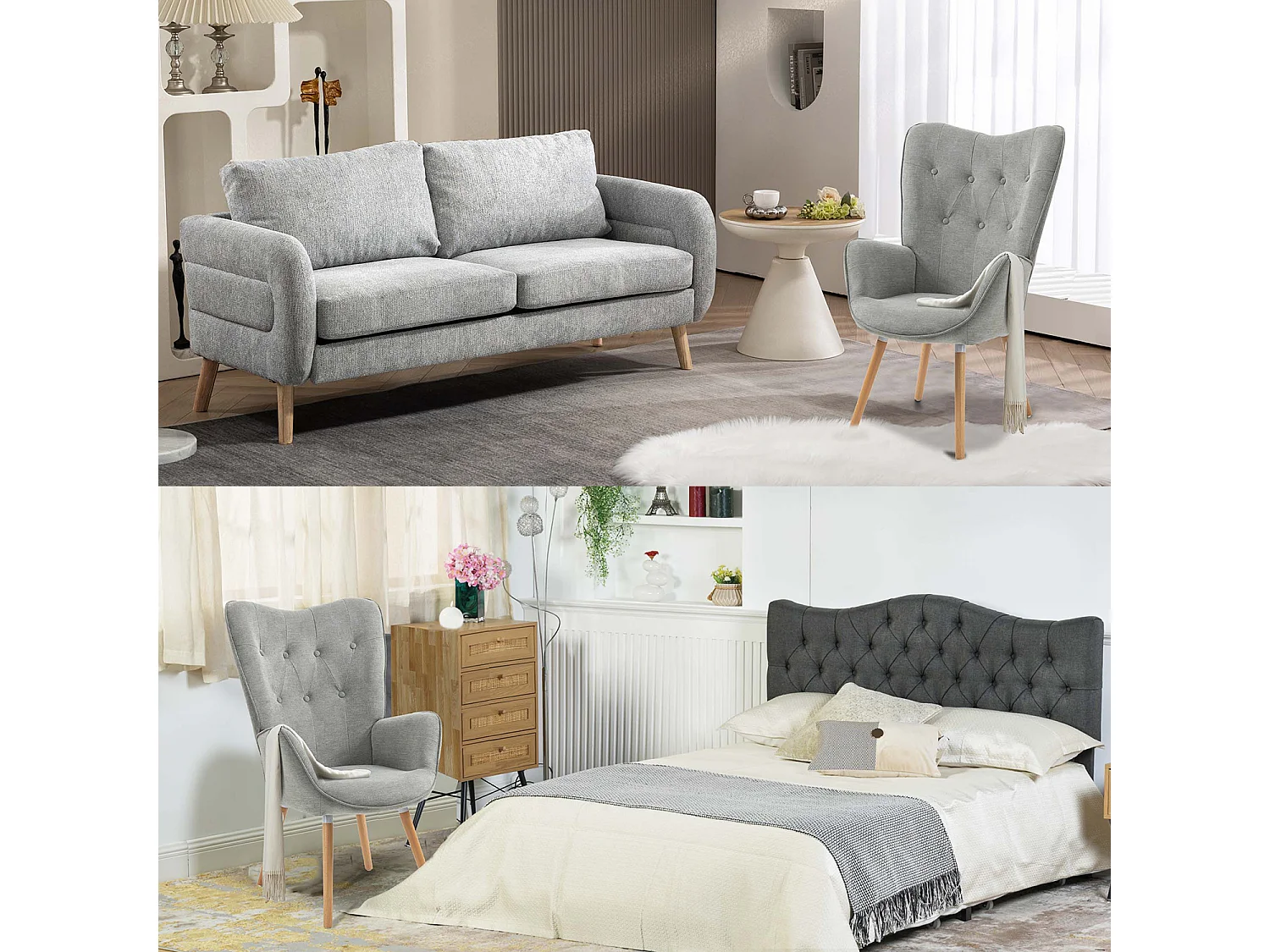 MEUBLES COSY Fauteuil relax fauteuil confortable style scandinave rembourés en Tissu Pieds Bois Massif, Gris
