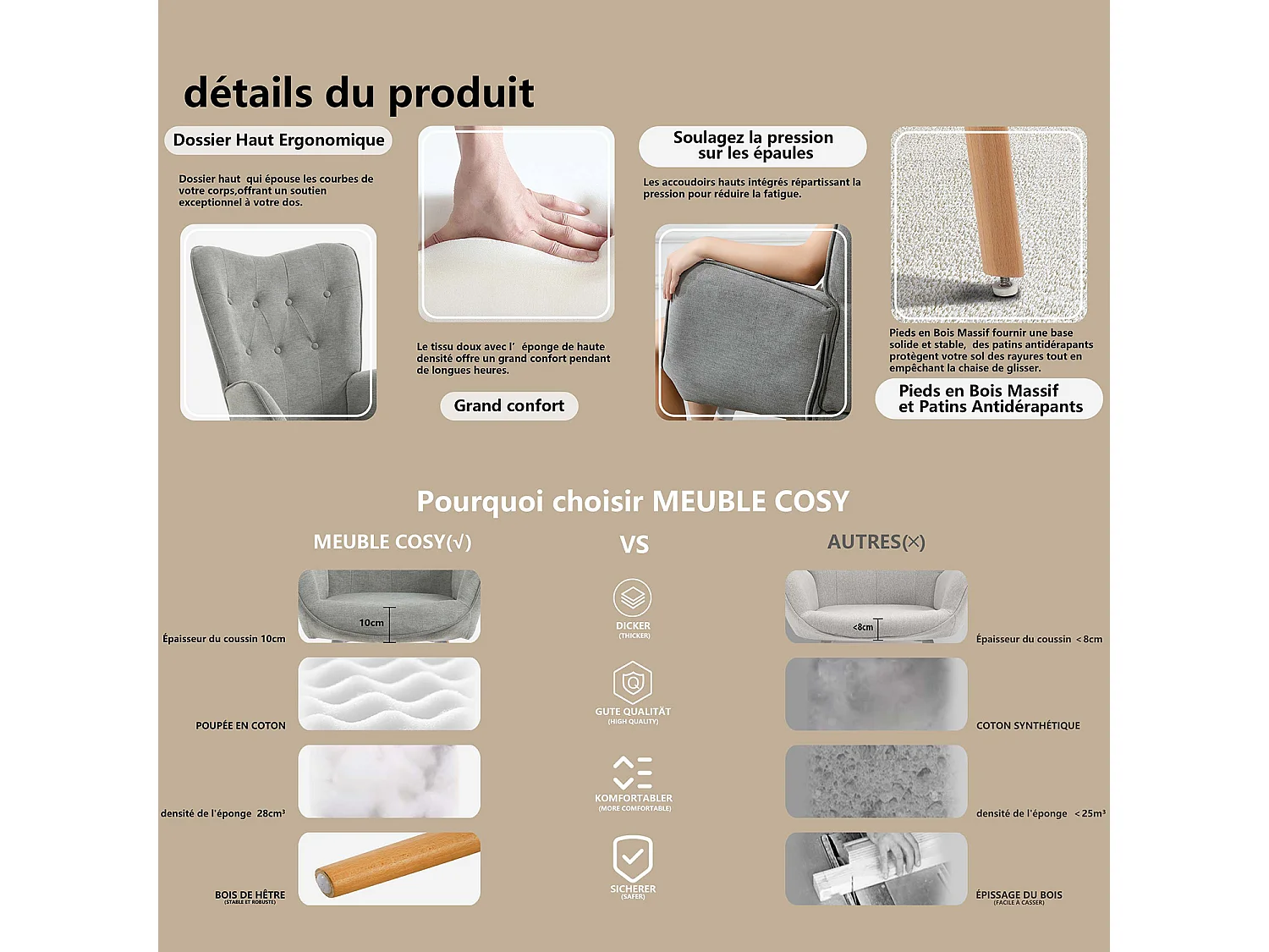 MEUBLES COSY Fauteuil relax fauteuil confortable style scandinave rembourés en Tissu Pieds Bois Massif, Gris