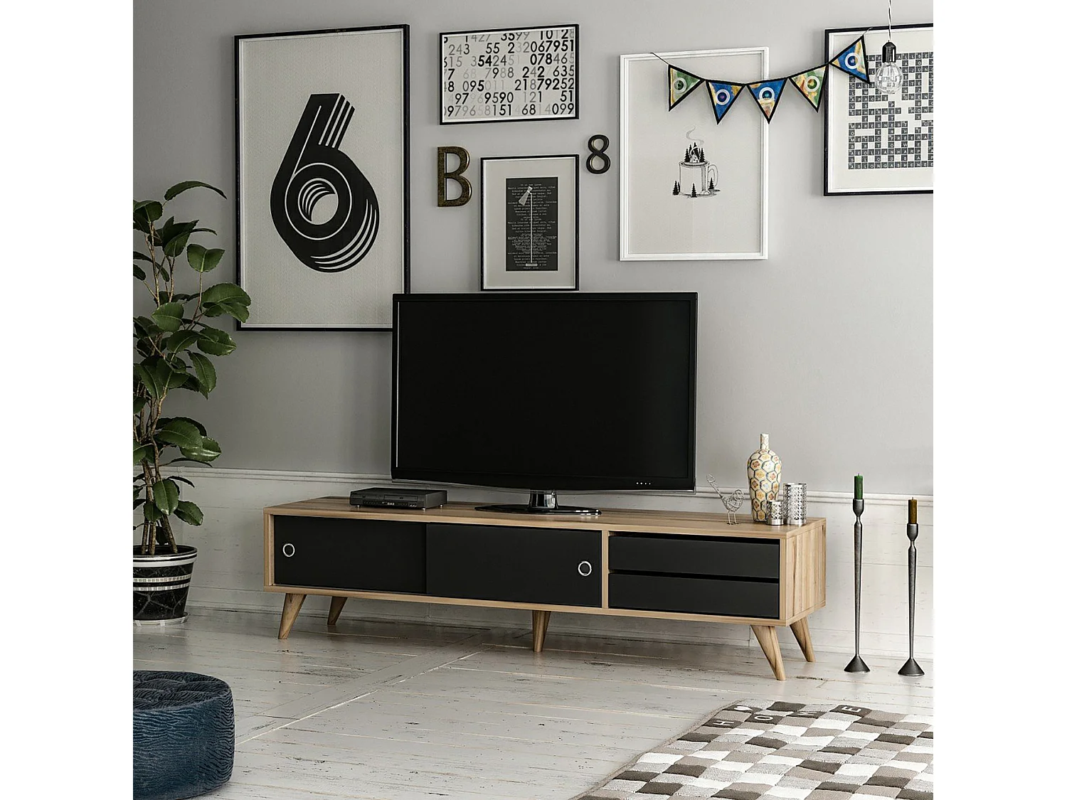 Meuble TV Fladså à 2 tiroirs 40 x 160 x 40 cm effet chêne / noir [en.casa]
