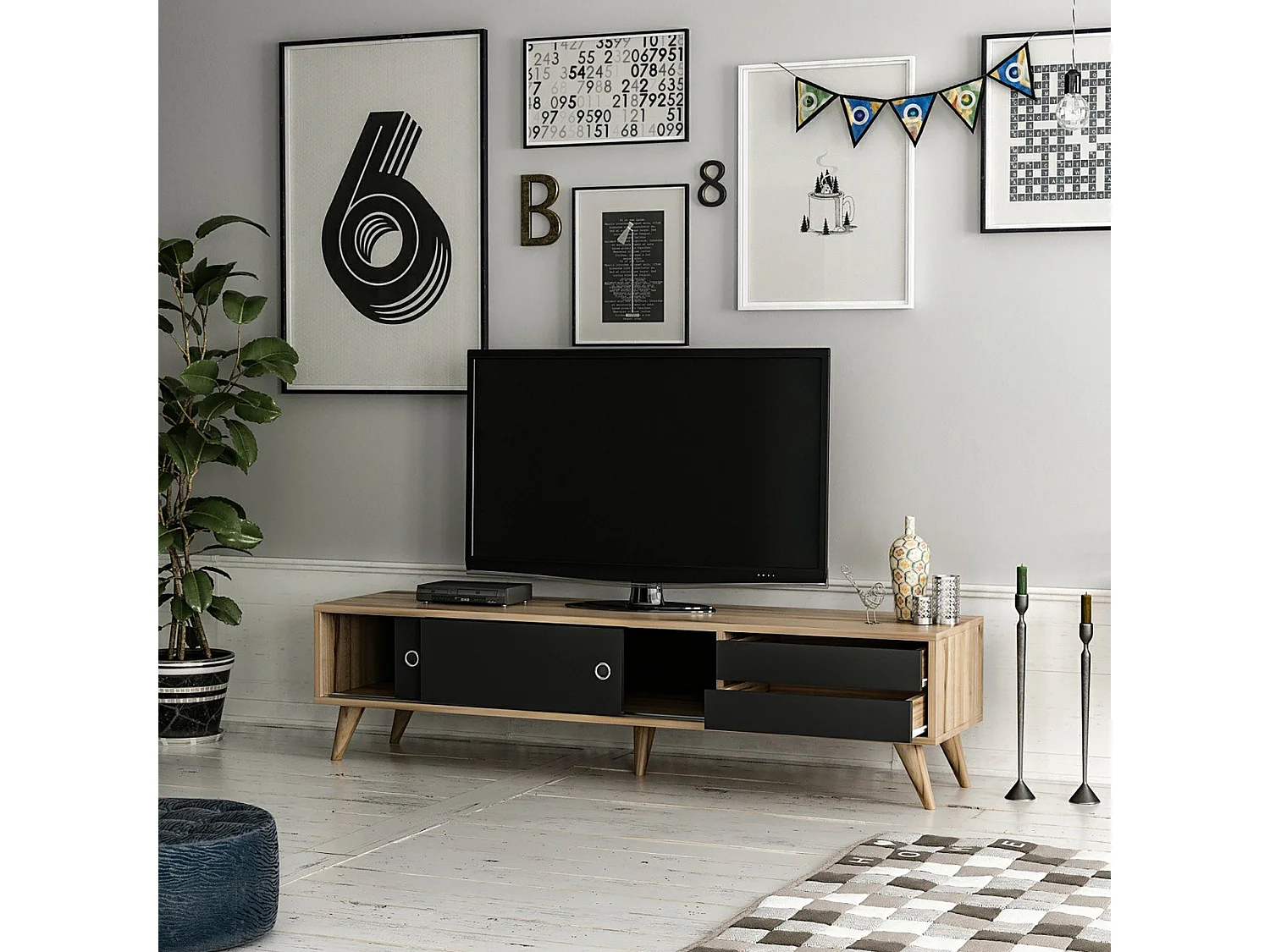 Meuble TV Fladså à 2 tiroirs 40 x 160 x 40 cm effet chêne / noir [en.casa]