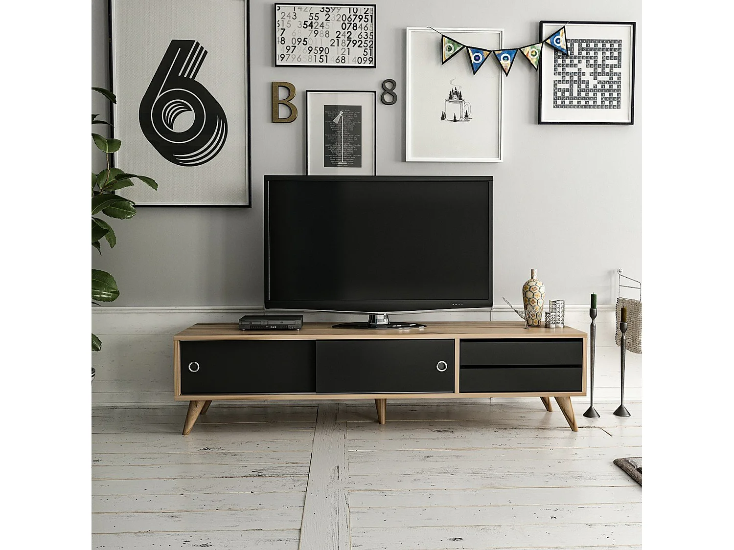 Meuble TV Fladså à 2 tiroirs 40 x 160 x 40 cm effet chêne / noir [en.casa]