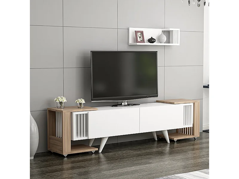 Meuble TV Glostrup avec 2 tables d'appoint et une étagère murale effet chêne / blanc [en.casa]