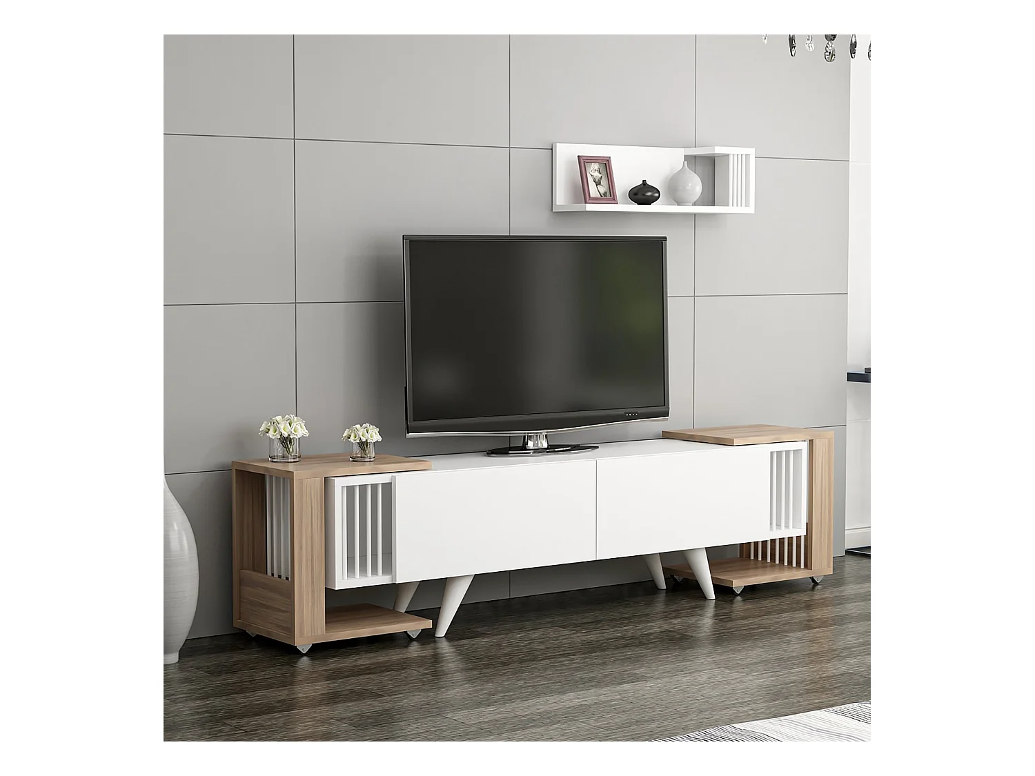Meuble TV Glostrup avec 2 tables d'appoint et une étagère murale effet chêne / blanc [en.casa]