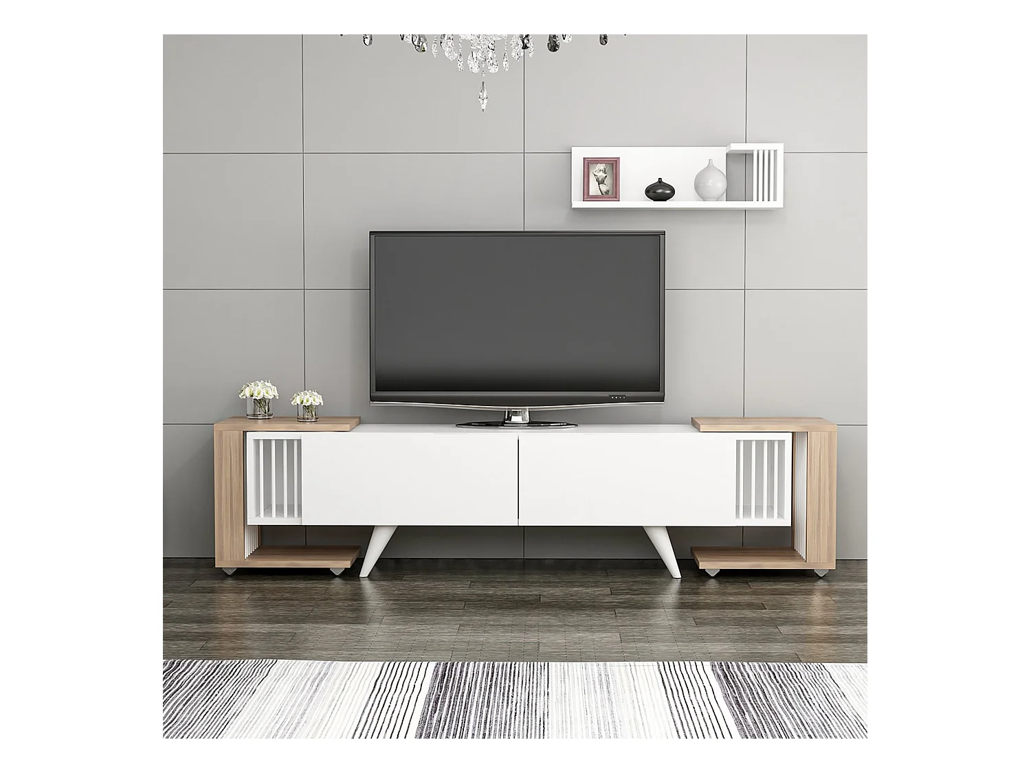 Meuble TV Glostrup avec 2 tables d'appoint et une étagère murale effet chêne / blanc [en.casa]