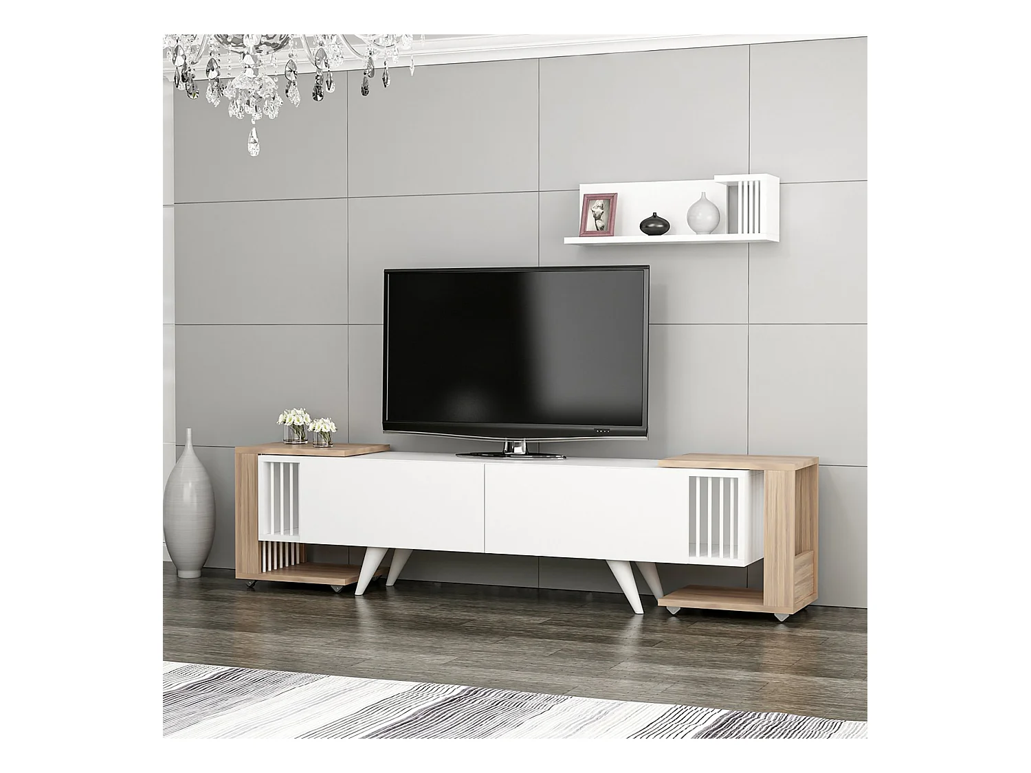 Meuble TV Glostrup avec 2 tables d'appoint et une étagère murale effet chêne / blanc [en.casa]