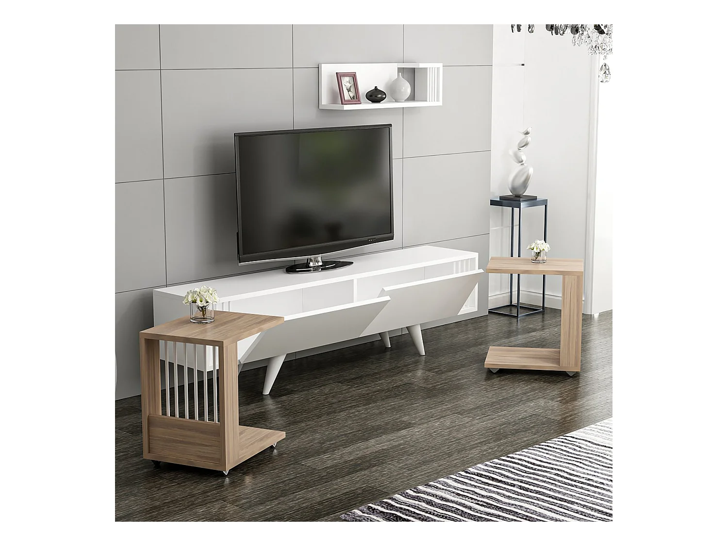 Meuble TV Glostrup avec 2 tables d'appoint et une étagère murale effet chêne / blanc [en.casa]