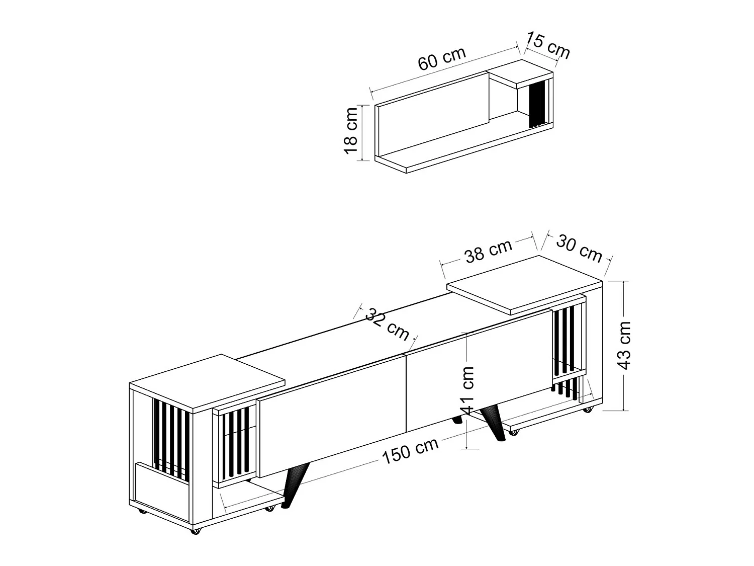 Meuble TV Glostrup avec 2 tables d'appoint et une étagère murale effet chêne / blanc [en.casa]