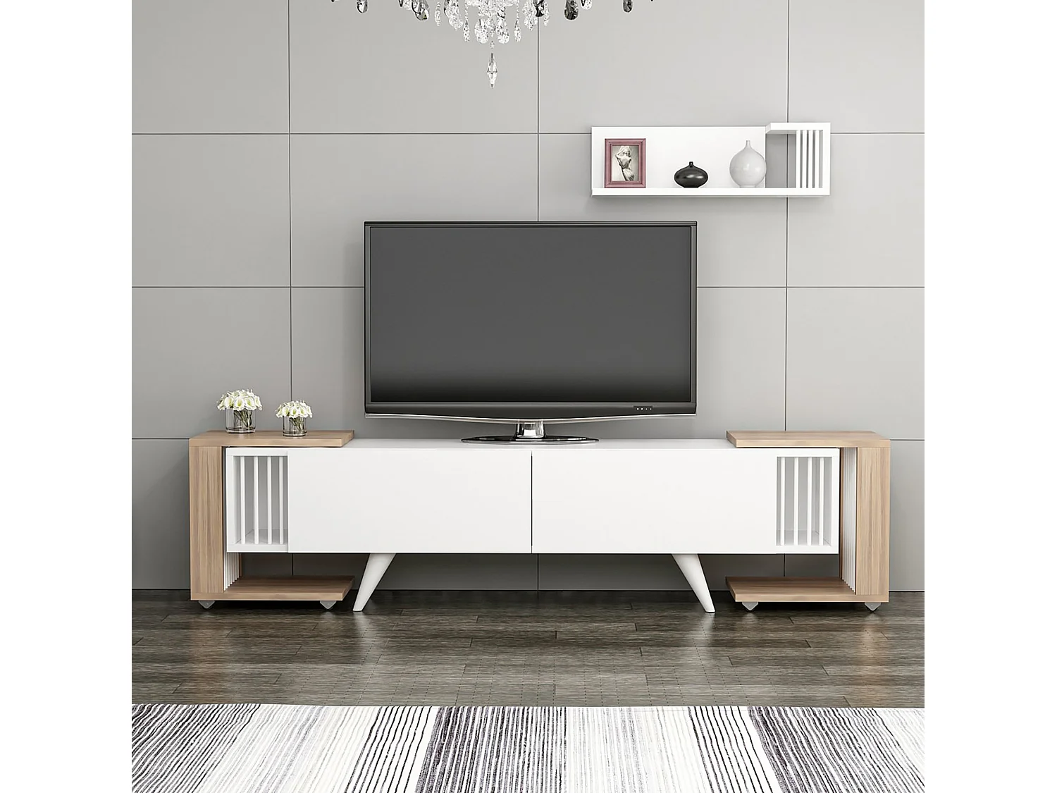 Meuble TV Glostrup avec 2 tables d'appoint et une étagère murale effet chêne / blanc [en.casa]