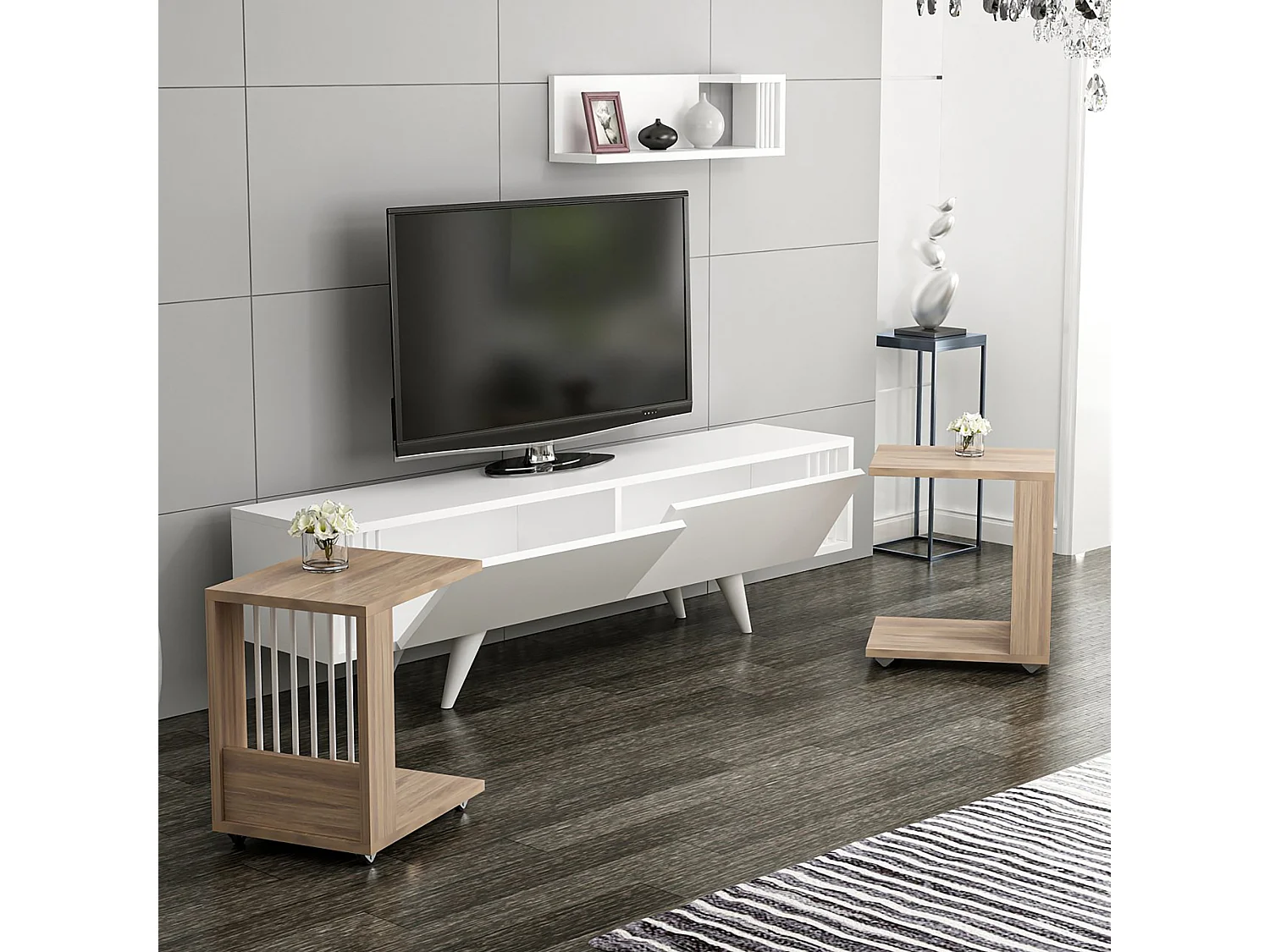 Meuble TV Glostrup avec 2 tables d'appoint et une étagère murale effet chêne / blanc [en.casa]