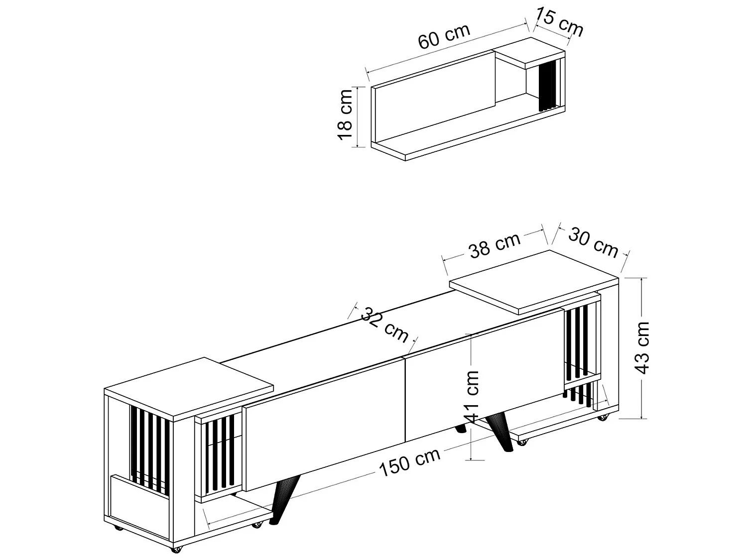 Meuble TV Glostrup avec 2 tables d'appoint et une étagère murale effet chêne / blanc [en.casa]