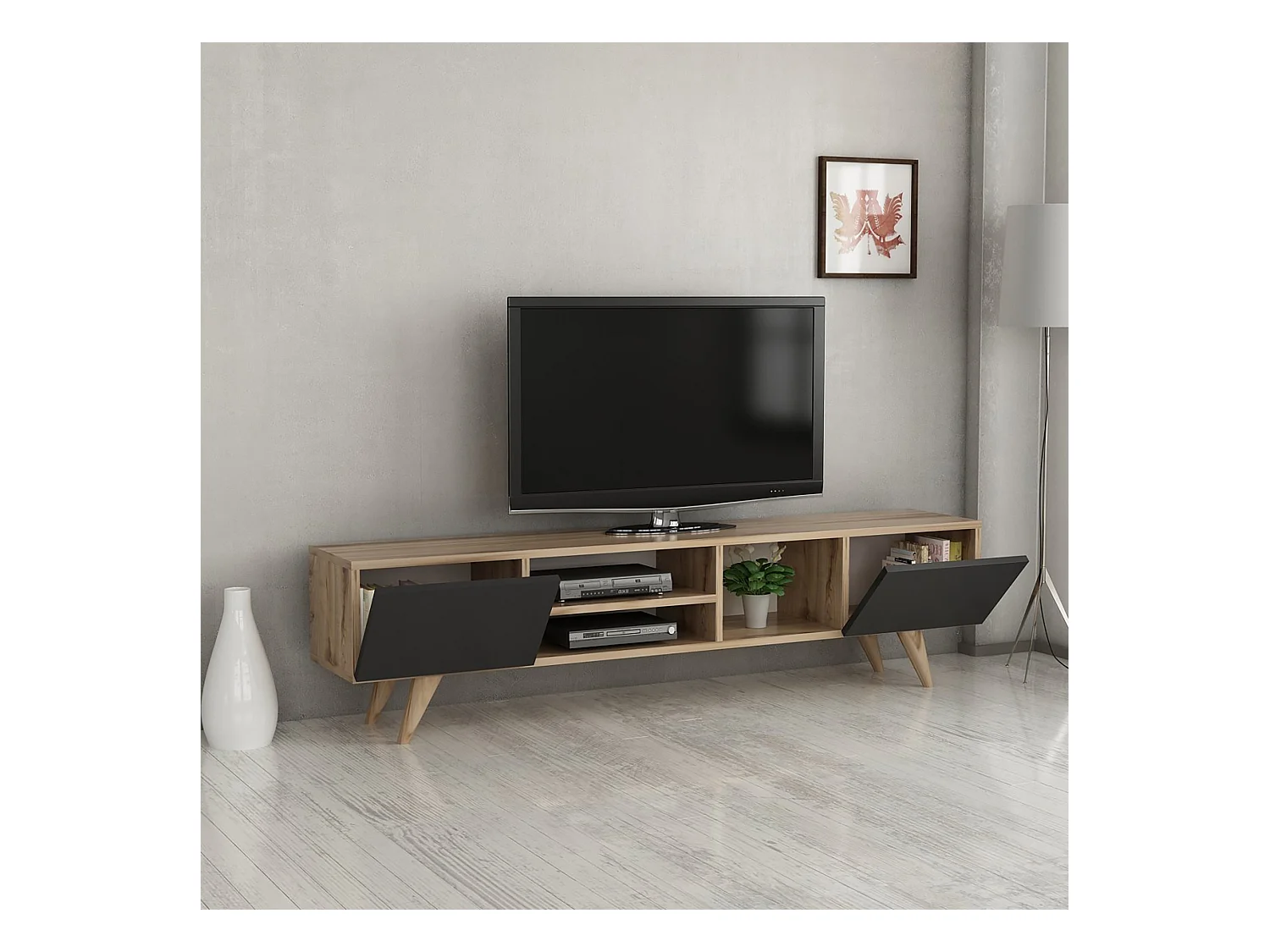 Meuble TV Assens à 2 portes 40 x 160 x 31 cm effet chêne / noir [en.casa]