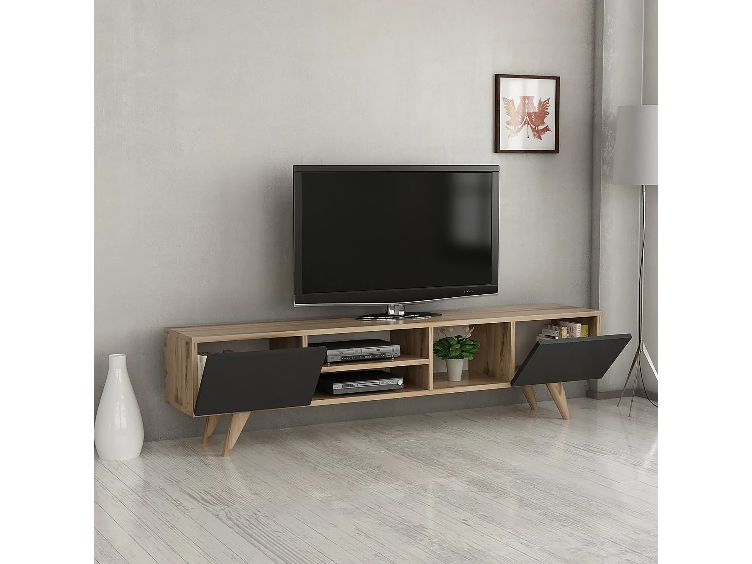 Meuble TV Assens à 2 portes 40 x 160 x 31 cm effet chêne / noir [en.casa]