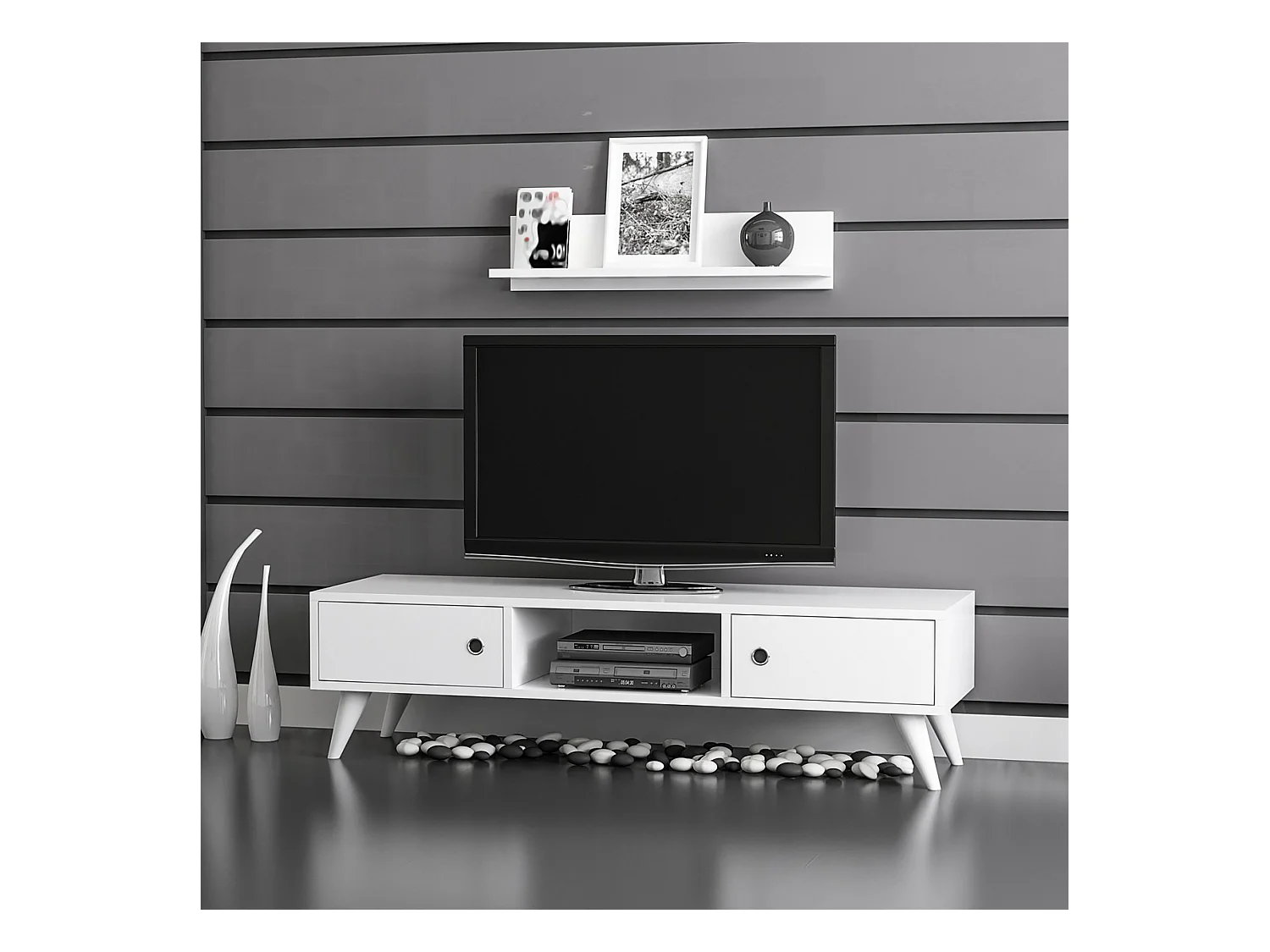 Meuble TV Egebjerg à 2 portes avec étagère murale blanc [en.casa]