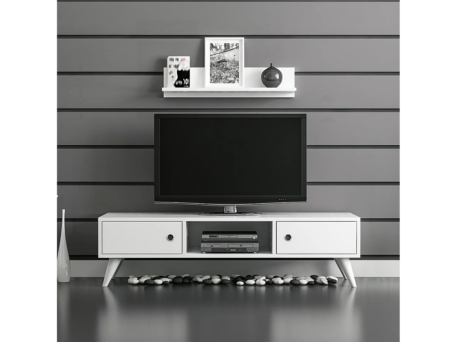 Meuble TV Egebjerg à 2 portes avec étagère murale blanc [en.casa]