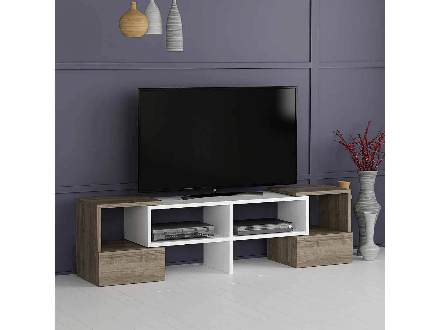 Meuble TV Frederikssund inclinable 39 x 141 x 30 cm blanc / effet noyer [en.casa]