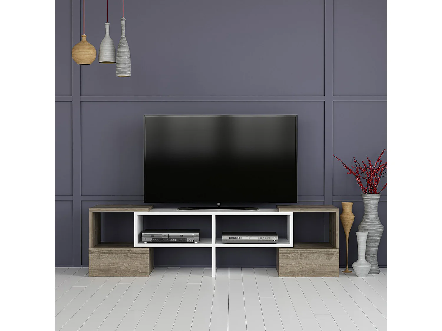 Meuble TV Frederikssund inclinable 39 x 141 x 30 cm blanc / effet noyer [en.casa]