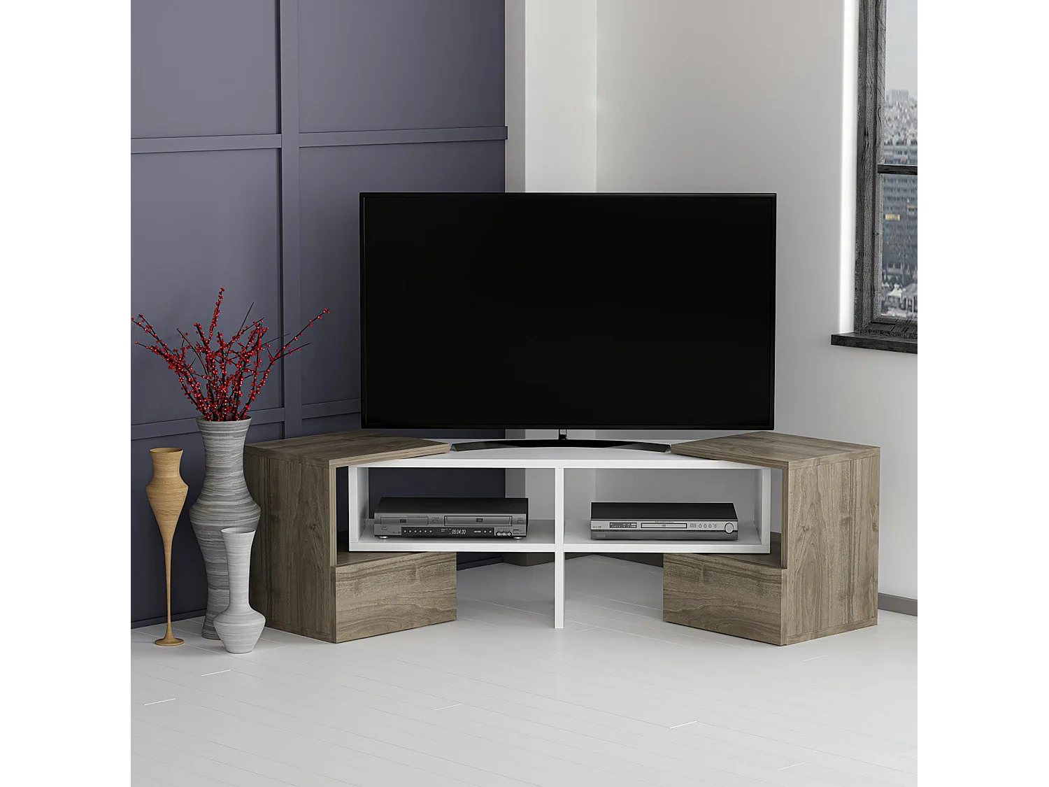Meuble TV Frederikssund inclinable 39 x 141 x 30 cm blanc / effet noyer [en.casa]