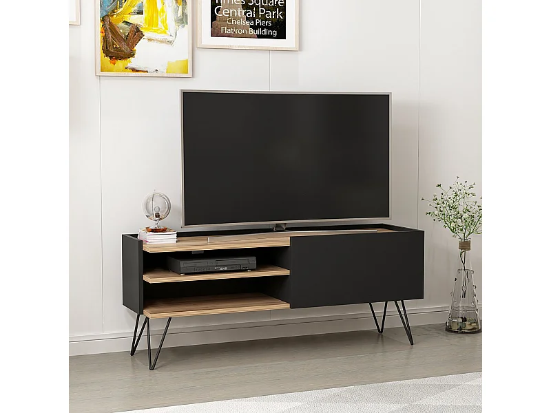 Meuble TV Dronninglund à porte 50 x 124 x 37 cm noir / effet bois [en.casa]