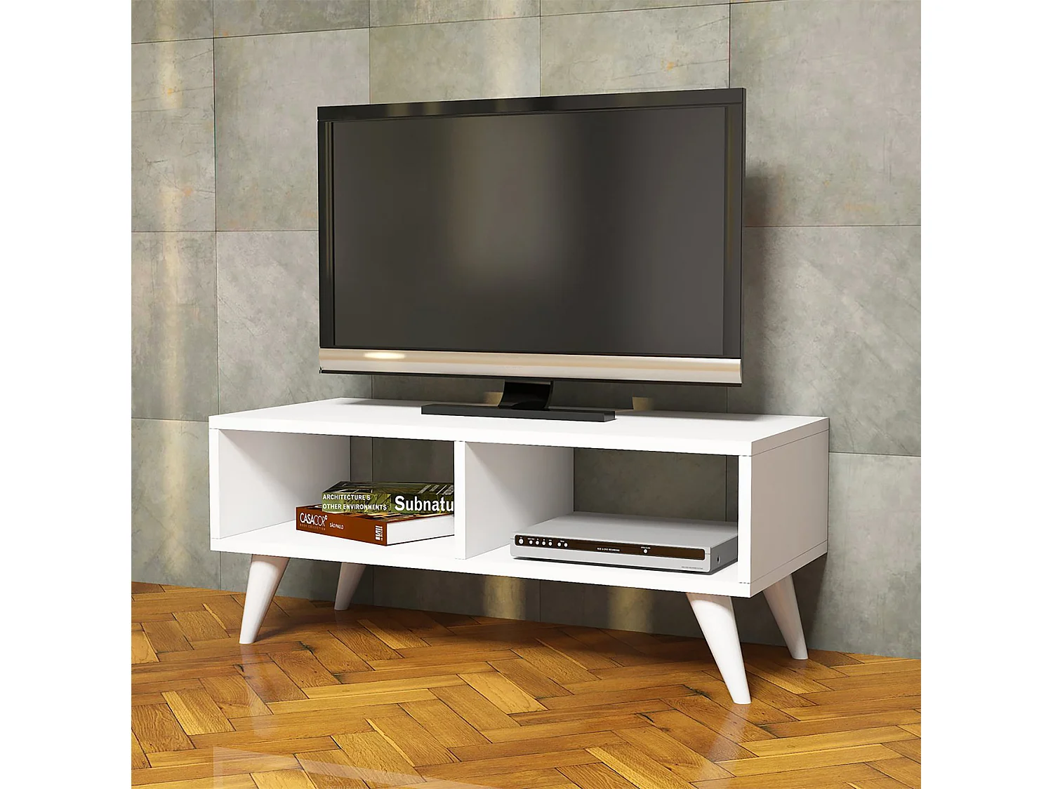 Meuble TV Aaskov à 2 compartiments de stockage 35 x 90 x 35 cm blanc [en.casa]