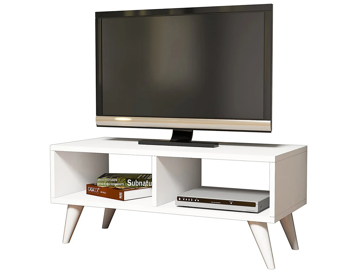 Meuble TV Aaskov à 2 compartiments de stockage 35 x 90 x 35 cm blanc [en.casa]