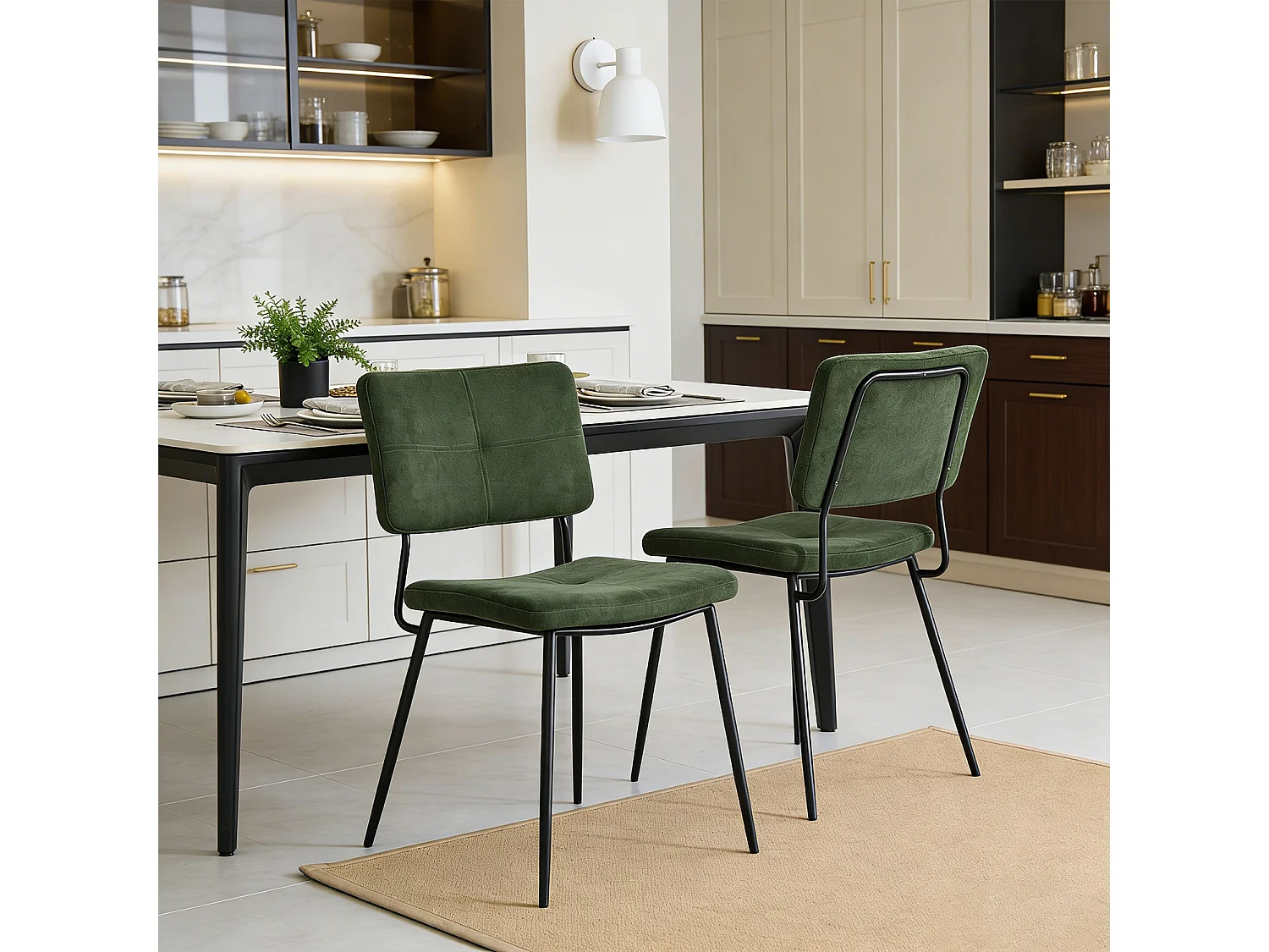 Lot de 2 Chaises de Salle à Manger Rétro Fauteuil Assise Rembourrée en Tissu Pieds en métal pour Cuisine Salon Chambre Bureau Vert, 59,5x45x82cm