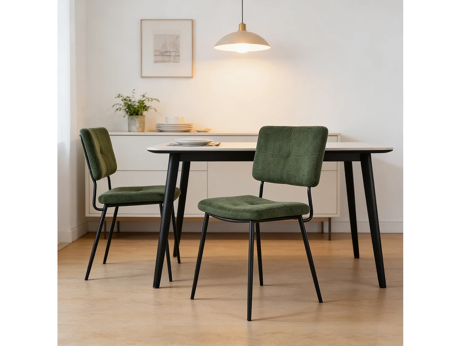 Lot de 2 Chaises de Salle à Manger Rétro Fauteuil Assise Rembourrée en Tissu Pieds en métal pour Cuisine Salon Chambre Bureau Vert, 59,5x45x82cm