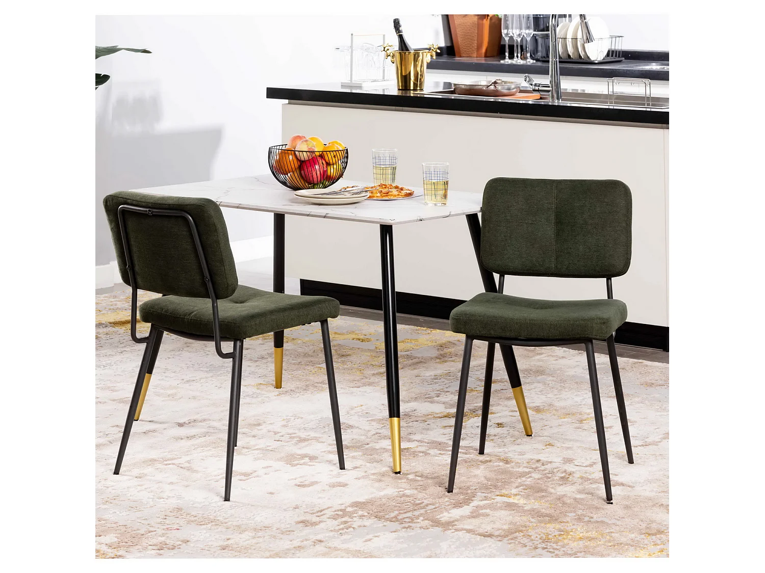 Lot de 2 Chaises de Salle à Manger Rétro Fauteuil Assise Rembourrée en Tissu Pieds en métal pour Cuisine Salon Chambre Bureau Vert, 59,5x45x82cm