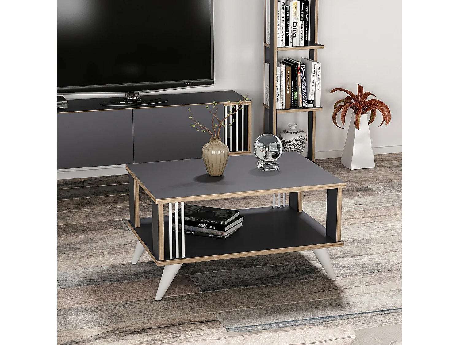 Table basse rectangulaire Århus 40 x 70 x 50 cm anthracite / effet bois [en.casa]