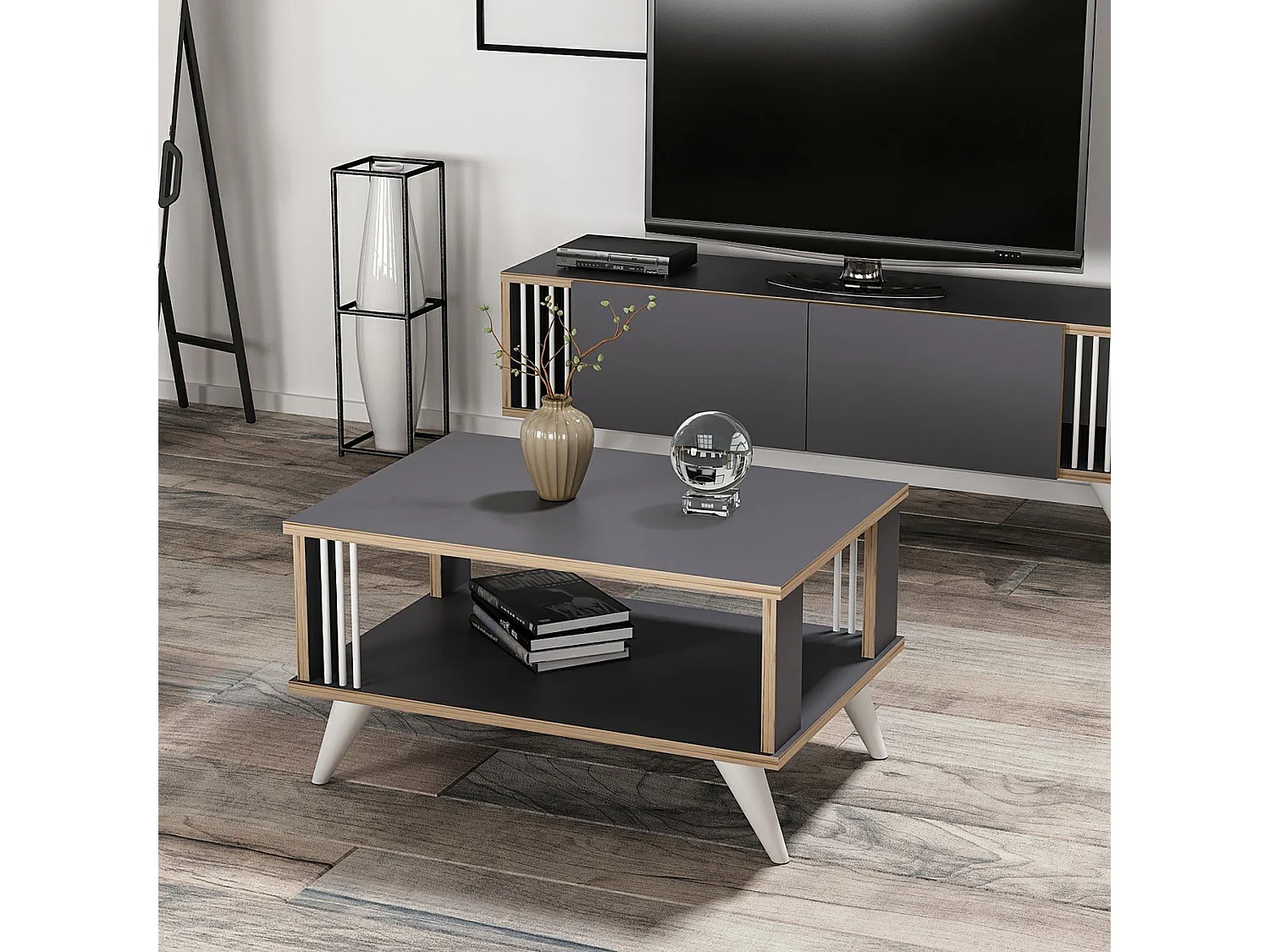 Table basse rectangulaire Århus 40 x 70 x 50 cm anthracite / effet bois [en.casa]