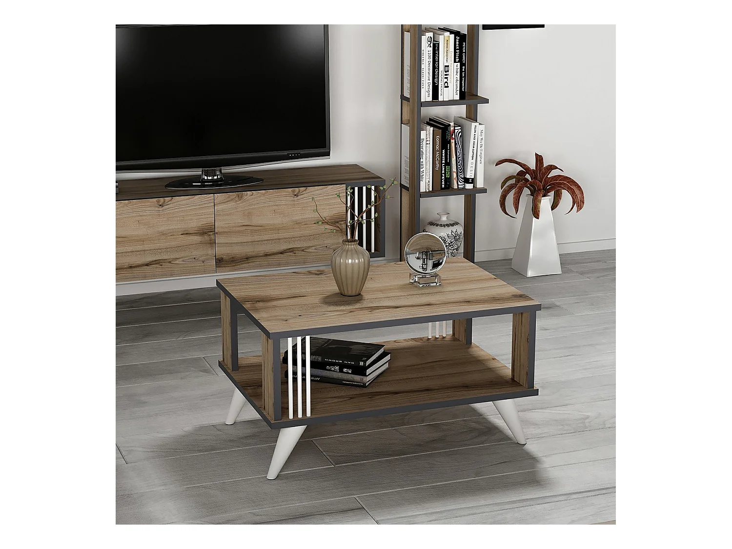 Table basse rectangulaire Århus 40 x 70 x 50 cm effet chêne / anthracite [en.casa]