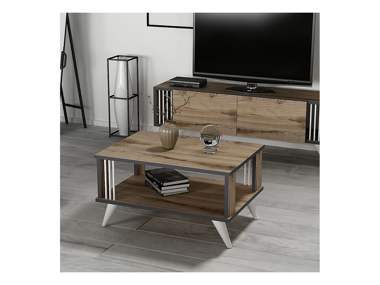 Table basse rectangulaire Århus 40 x 70 x 50 cm effet chêne / anthracite [en.casa]