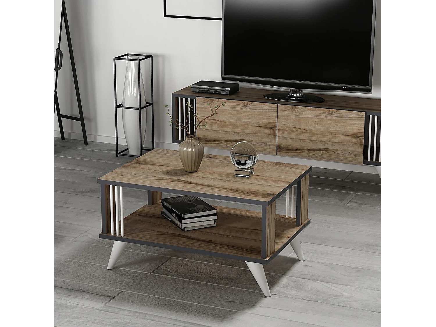 Table basse rectangulaire Århus 40 x 70 x 50 cm effet chêne / anthracite [en.casa]