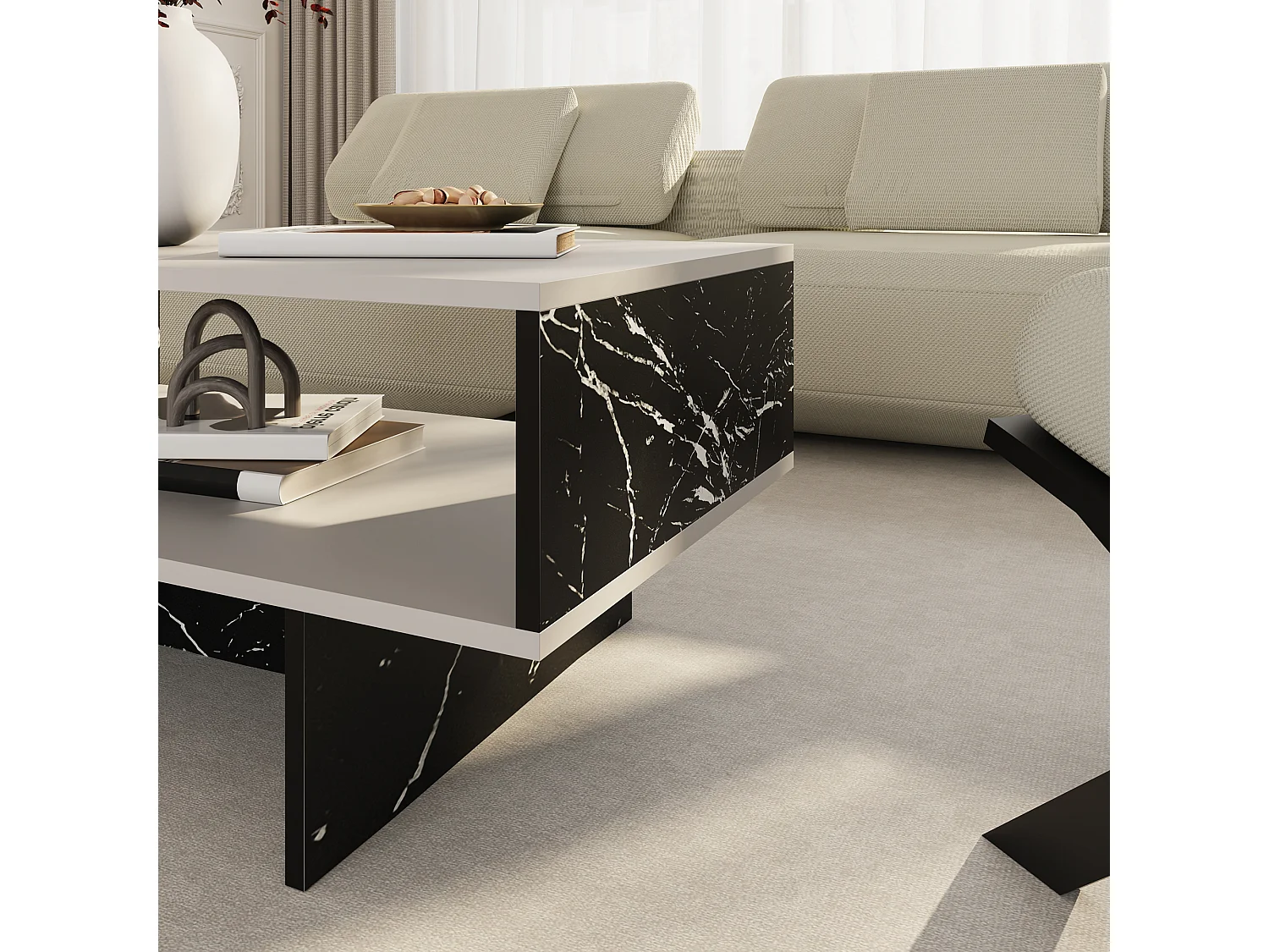 Table basse Mjölby avec espace de rangement 37 x 80 x 45 cm blanc / marbre noir [en.casa]